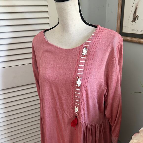 LA FILLE Womens Dress 5X Pink Long Sleeve Shift Midi Bohemian Festival Chic - Picture 3 of 13